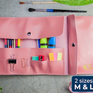 Pink leather pencil roll,Leather pencil case roll,Personalized gifts for artist,Leather brush roll up,Leather artist roll,Paint brush roll