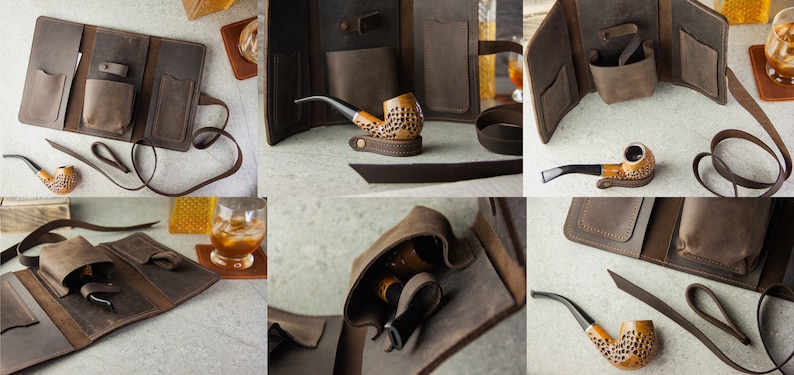 May include: A brown leather pipe carrying case with multiple pockets and a strap. The case is open to reveal a wooden pipe and a small pouch.