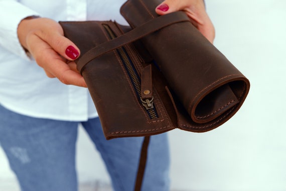 Personalized Leather Pen Roll - Brown