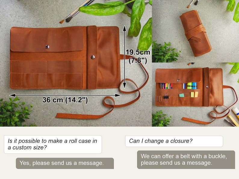 May include: A brown leather roll case featuring multiple interior pockets, a snap button closure, and a long wrap-around strap. The case measures 36 cm in width and 19.5 cm in height. It is shown both open with stationery and rolled shut.