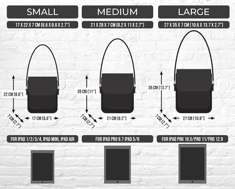 Puede incluir: Tres bolsos de bandolera de cuero negro con correas ajustables, que se muestran en tres tama&ntilde;os: peque&ntilde;o, mediano y grande. Los bolsos est&aacute;n etiquetados con sus dimensiones en pulgadas y cent&iacute;metros. Los bolsos est&aacute;n dise&ntilde;ados para adaptarse a diferentes modelos de iPad, con el tama&ntilde;o del bolso correspondiente al tama&ntilde;o del iPad.