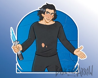 May include: A vinyl sticker featuring a cartoon illustration of Ben Solo, a character from the Star Wars franchise, with a blue lightsaber. The sticker has the text "Ben Solo SHRUG EMOJI vinyl sticker" at the top.