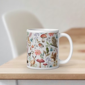Woodland Animals Mug - with Watercolour Illustration of Fox Hare Robin Butterflies Birds Mushrooms Botanical