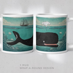 Whale Sailing Ship Mug, Underwater Modern Vintage, gift for marine ocean sea nature lover, oceancore, sperm whale, whale spout, Whale Mug