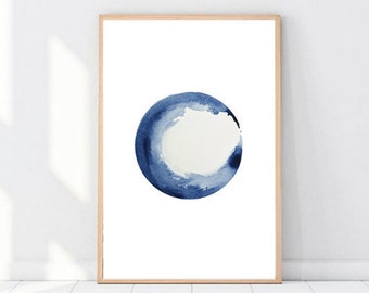 Watercolour Indigo Blue Moon, Celestial Wall Art, Minimalist, Watercolor, Lunar, Space, Home Bedroom Decor Digital Print, Printable Download