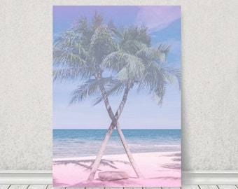 Palm Trees Wall Art, Print, Beach Art, Tropical, Pastel Pink Wall Art, Coastal Art, Pastel Pink & Blue Print, Digital Print, Pink Home Decor