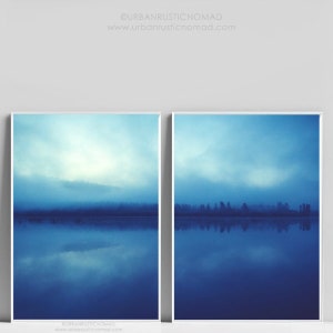 Blue Misty Lake, Trees, Indigo Blue, Print, Set of 2, Printable, Landscape, Photography, Wall Art, Minimalist, Hygge, Modern, Scandi, Navy
