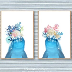 Dolphin Sea Coral Flower Crown, 2 Set, Dolphin Wall Art, Dolphin Print, Coastal, Printable, Print, Nursery Decor, Marine Biology, Sea Life