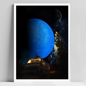 Space Travel Print, Planet, Explore, Adventure, Universe Poster, Wall Art, Digital Print, Camper Van, VW Combi, Night Sky, Tourist Traveller