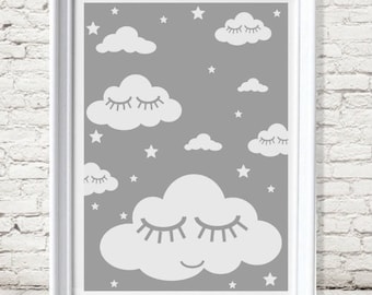 Sleepy Eyes and Clouds - closed eyes, baby toddler nursery room decor, playroom, hygge, grey & white, digital print, artwork, wall art, kids