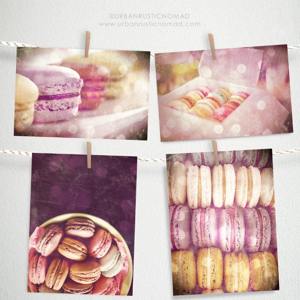 Photographie de Paris, Macarons, Set de 4 cartes postales Téléchargement instantané impression, romantique, les filles nursery décor, Art mural, violet rose pastels, français