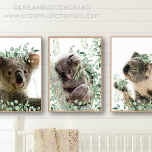 Koala Print, Koala, Australian Animal Print, Wall Art, Nursery Animals, Set of 3 Prints, Wall Art, Animals with Crowns, Eucalyptus Leaves