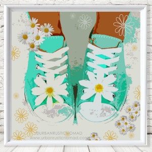 Daisy Fun Bumper Trainer Sneakers Turquoise Blue, White & Yellow, Girls Bedroom Wall Art Digital Print, Nursery Decor, Kids, Toddlers