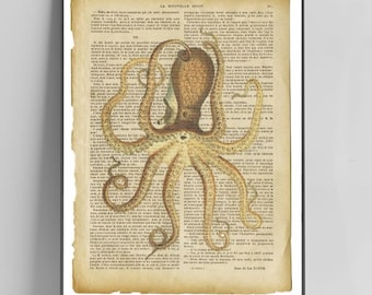 Octopus Vintage Print, Oude Boek pagina, antiek, Octopus Muur Kunst, Oceaan, Zee, Botanische, Illustratie, Aquarel, Zeewezen, Nautische