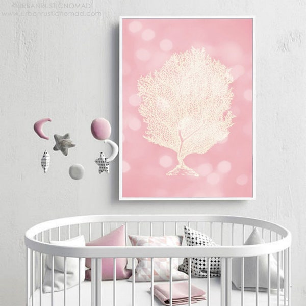 Sea Coral Fan Pink Sparkles, Underwater Coastal, Baby Toddler Nursery Decor, Printable Digital Download Ocean Water plant Pink & White Print