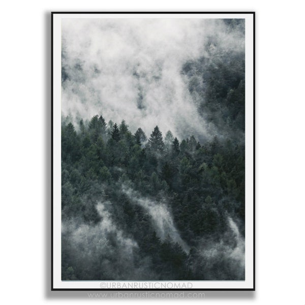 Misty forêt pins murale Art déco nordique affiche impression paysage scandinave Nature sauvage sauvage vert photographie minimaliste Hygge