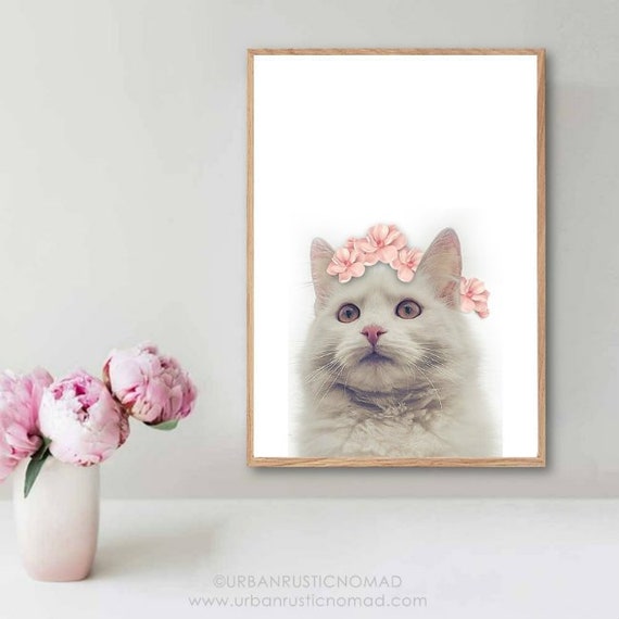 Chat Blanc Avec La Couronne De Fleurs De Rose Printable Art Etsy