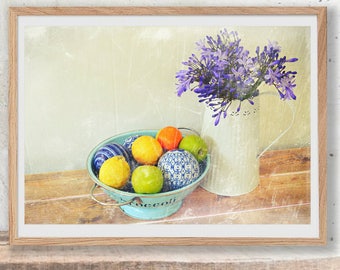 Still life Purple Flowers Photography, Oranges & Lemons, Wall Art, Modern Vintage, home decor, shabby chic, kitchen, digital print