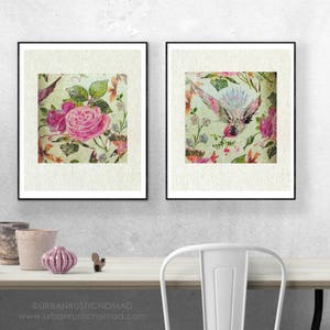 2 Set Birds, Roses, Flowers, Wall Art Print, Modern Vintage, botanical, antique, home decor, pink, shabby chic, romantic, digital print