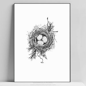 Birds Nest Eggs Print, Twigs Woodland, Photography Design. Wall Art Gallery, Black White, Digital Print, Hygge Contemporary Decor Minimalist