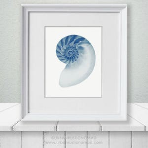 Sea Shell Indigo Blue, underwater Coastal, Printable Digital Download, Ocean, Minimalist Beach, Blue & White, Print