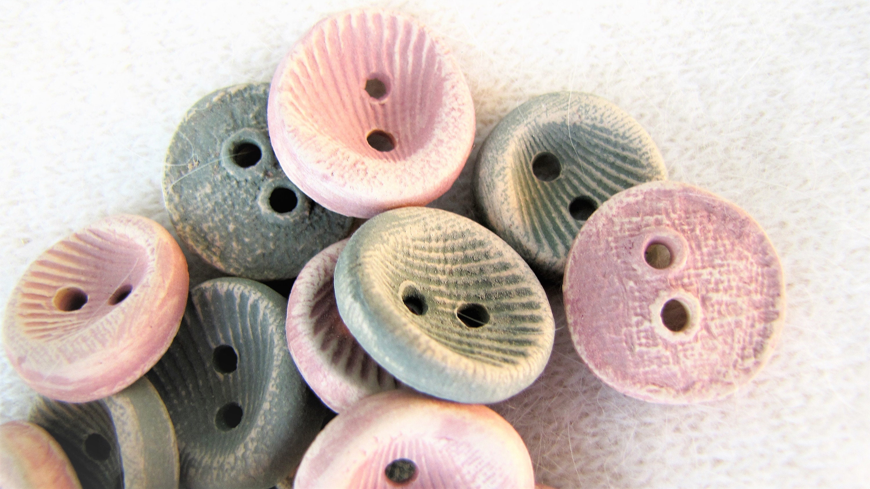 Natural embossed buttons. Set of 16 ceramic pieces. Handmade Etsy