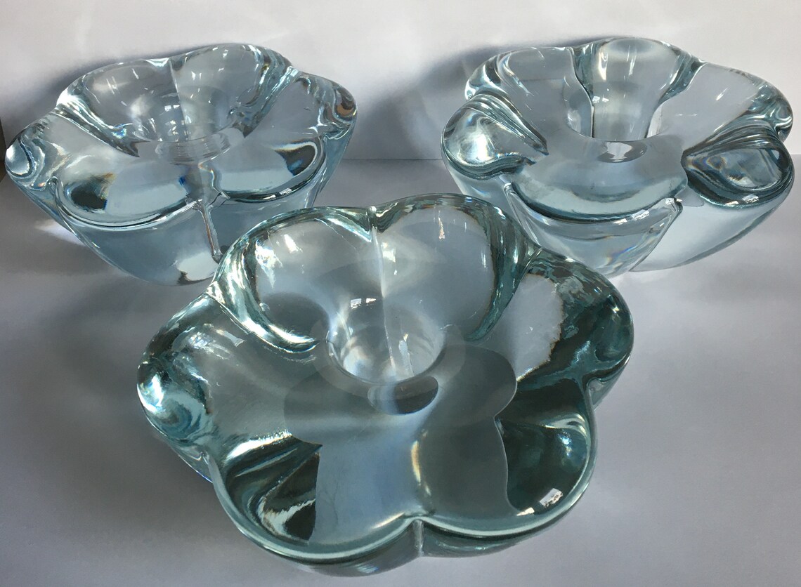 3 iceblue heavy crystal candle holders made by Orrefors Etsy