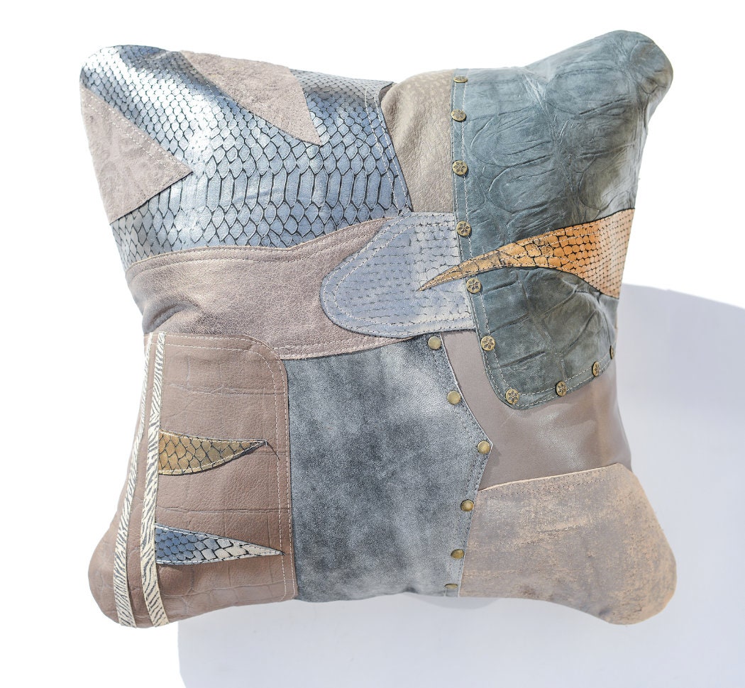 Metallic Grey Leather Pillow in Patchwork Design Style 20 Etsy UK
