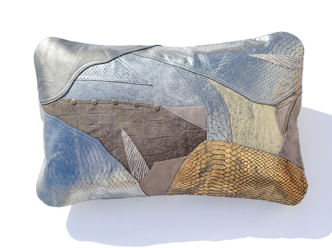 Metallic Grey Leather Pillow in Patchwork Design Style 11, 40 X 60 Etsy