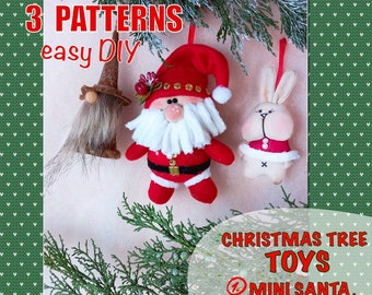 3 modèles pdf Décoration de sapin de Noël et du Nouvel An, jouets Mini père Noël, mini lapin, mini nain DIY fait main
