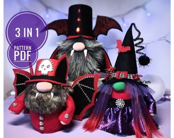 patterns pdf 3 looks for halloween scandinavian gnome vampire + scandinavian gnome bat + scandinavian gnome witch diy handmade