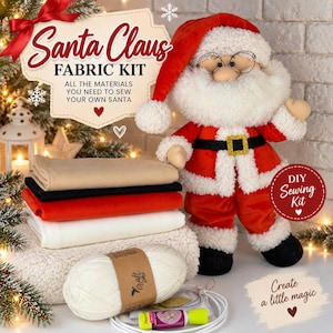 May include: A Santa Claus fabric kit featuring a plush Santa doll with a red hat, white beard, and glasses. The kit includes folded fabric in beige, black, red, and white, a ball of white yarn, a small glue bottle, and a circular sewing tool.