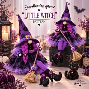 May include: Two Scandinavian gnome dolls titled Little Witch, featuring purple hats with black floral patterns, braided purple hair, black dresses with tulle skirts, and black boots. Each gnome holds a small broom, and a black cat sits nearby.