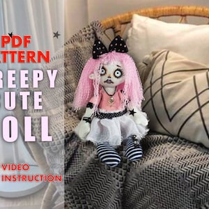 pattern pdf creepy cute doll gothic style doll doll for Halloween present diy gift handmade + free video sewing tutorial