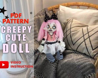 modèle pdf poupée mignonne effrayante poupée de style gothique poupée pour Halloween cadeau bricolage fait main + tutoriel de couture vidéo gratuit