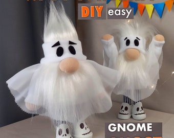 pattern pdf gnome ghost, white ghost, halloween doll, diy handmade + free video sewing tutorial