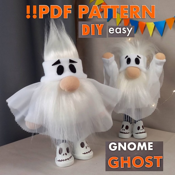 pattern pdf gnome ghost, white ghost, halloween doll, diy handmade + free video sewing tutorial