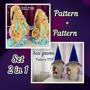Puede incluir: Un conjunto de dos patrones de gnomos, uno con temática de perlas y el otro con temática marina. Los patrones están disponibles para descargar en PDF. El texto "Set 2 in 1" se muestra en la imagen.