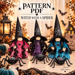May include: Three handmade witch dolls with black pointed hats featuring white spiderweb embroidery. Each doll wears a velvet dress in pink, purple, or blue, has long black hair, and holds a black spider with a white web pattern on its back.