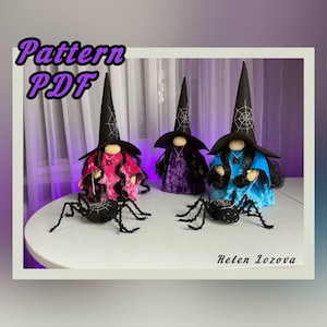 pattern pdf scandinavian gnome witch with spider for Halloween easy gnome wizard + free video tutorial YouTube DIY HandMade