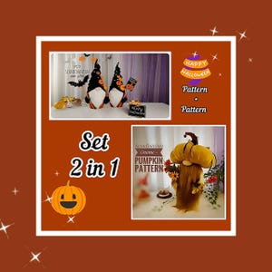 Peut inclure: Un ensemble de deux patrons de gnomes sur le thème d'Halloween avec des chapeaux noirs décorés de citrouilles orange et un gnome en forme de citrouille. Le texte indique Scandinavian gnome pattern, Happy Halloween et Scandinavian Gnome PUMPKIN PATTERN.