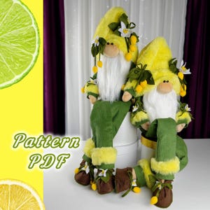 Könnte beinhalten: Zwei dekorative Zwerge mit gelben Hüten und weißen Bärten. Sie tragen grüne Hosen und braune Schuhe mit gelben Verzierungen. Die Hüte sind mit weißen Blumen und gelben Früchten verziert. Der Text "Pattern PDF" ist enthalten.