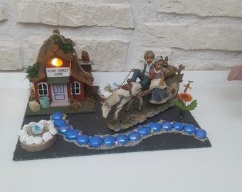 Diorama ardoise bibelot scène paysanne fait main cadeau unique