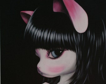 Tableau Peinture Acrylique personnage manga BJD chat "Mlle Perle"