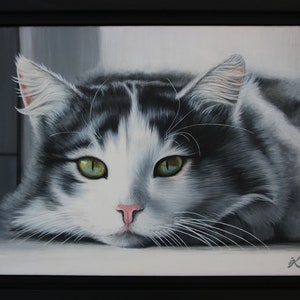 Original Art painting Tableau Peinture Acrylique chat gris et blanc peinture animalière réaliste image 1