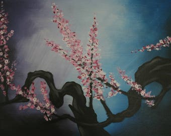 Tableau Peinture Acrylique Asiatique Branche de Cerisier en Fleurs "Sakura"