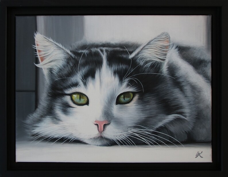 Original Art painting Tableau Peinture Acrylique chat gris et blanc peinture animalière réaliste image 1