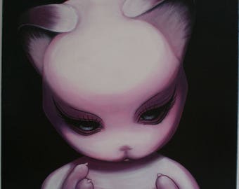 Tableau Peinture Acrylique personnage manga BJD chat "P'tit Chat-grin"