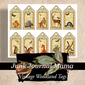 Vintage Woodland Tags, junk journal, ephemera pack, journal cards, digital ephemera, nature journal, forest journal, journal supplies