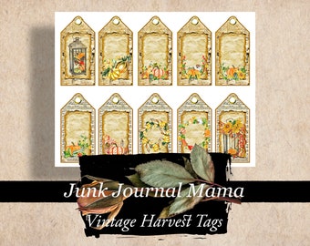Vintage Harvest Tags, ephemera pack, junk journal, printable ephemera, autumn journal, fall journal, digital ephemera, printable journal